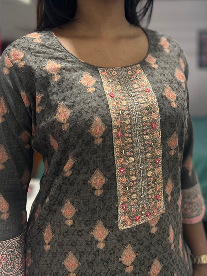 Grey Printed Chikankari Kurti Top