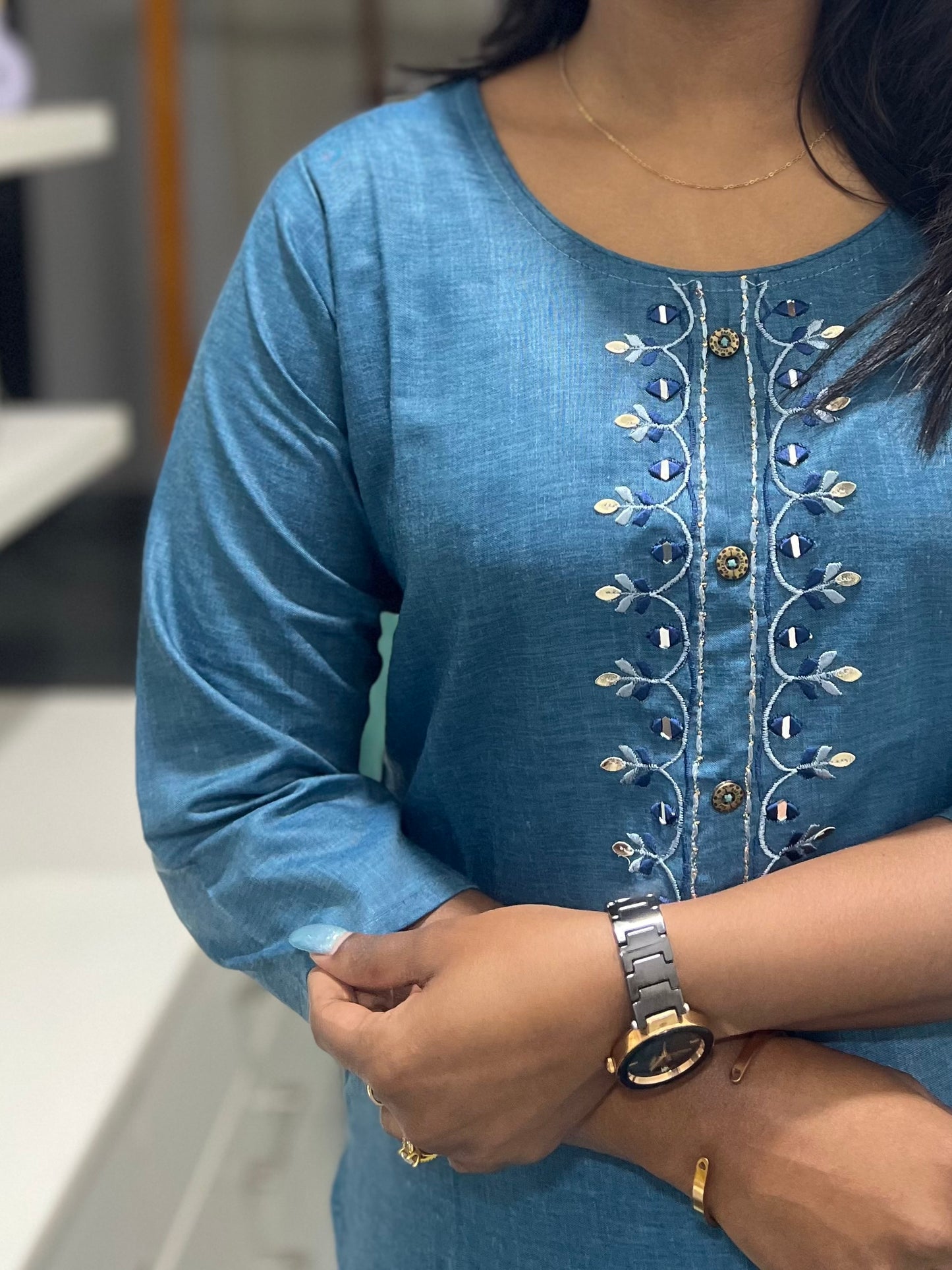 Blue Embroidery Work Printed Kurti