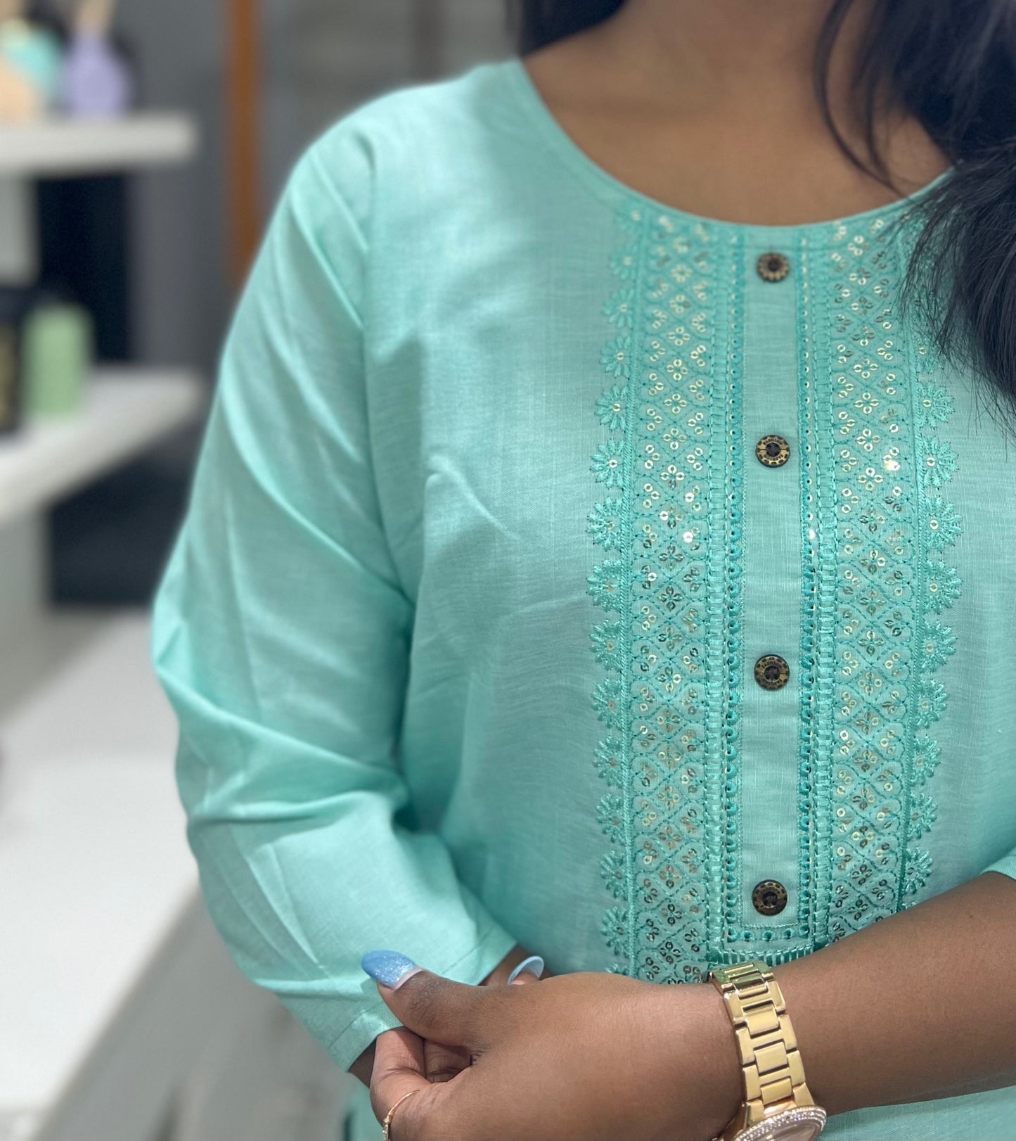 Teal Embroidery Work Printed Kurti