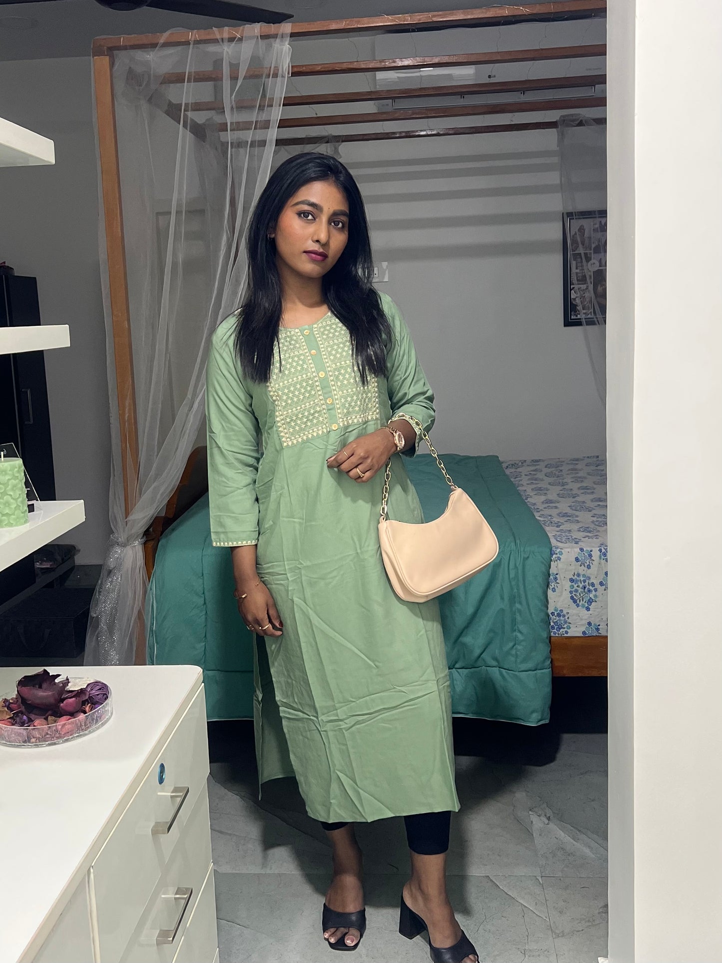 Green Embroidery Work Kurti Top