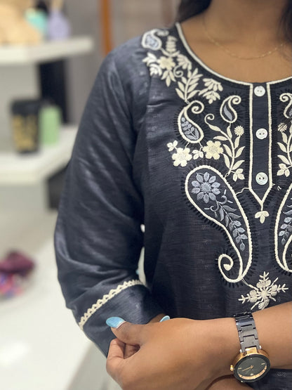 Dark Grey Embroidery Printed Kurti