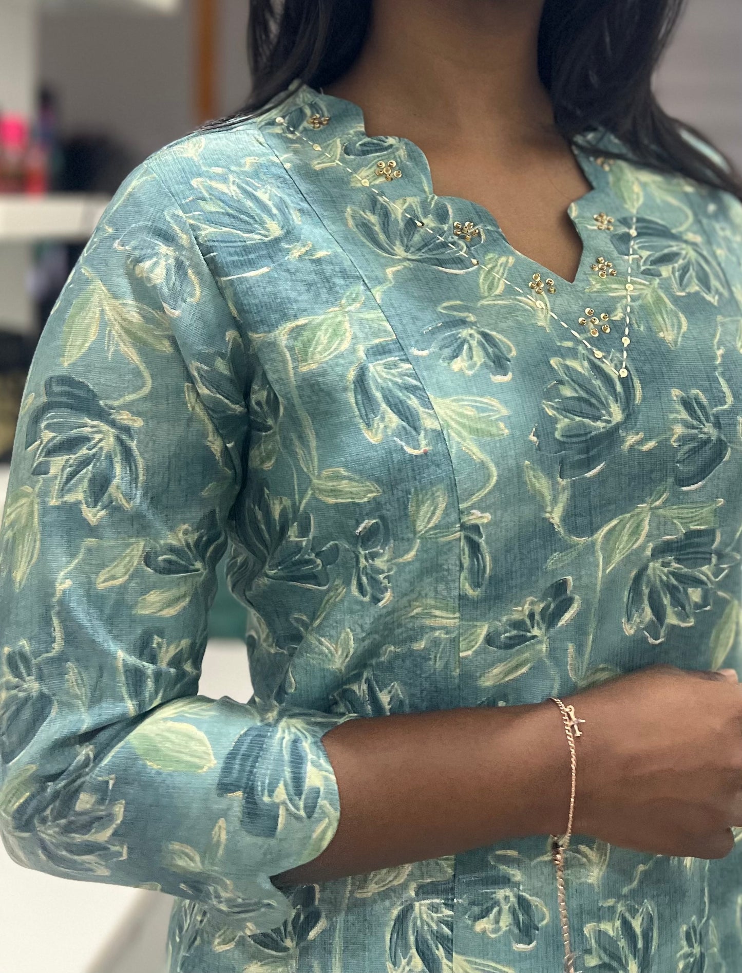 Teal Floral Printed Kurti Top