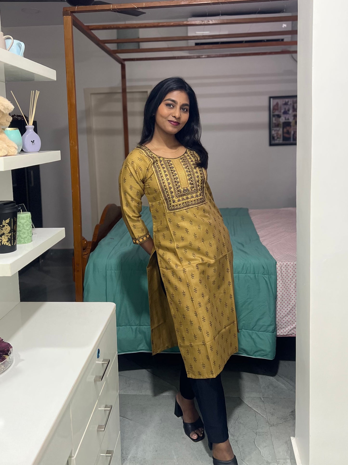 Yellow Embroidery Work Printed Kurti