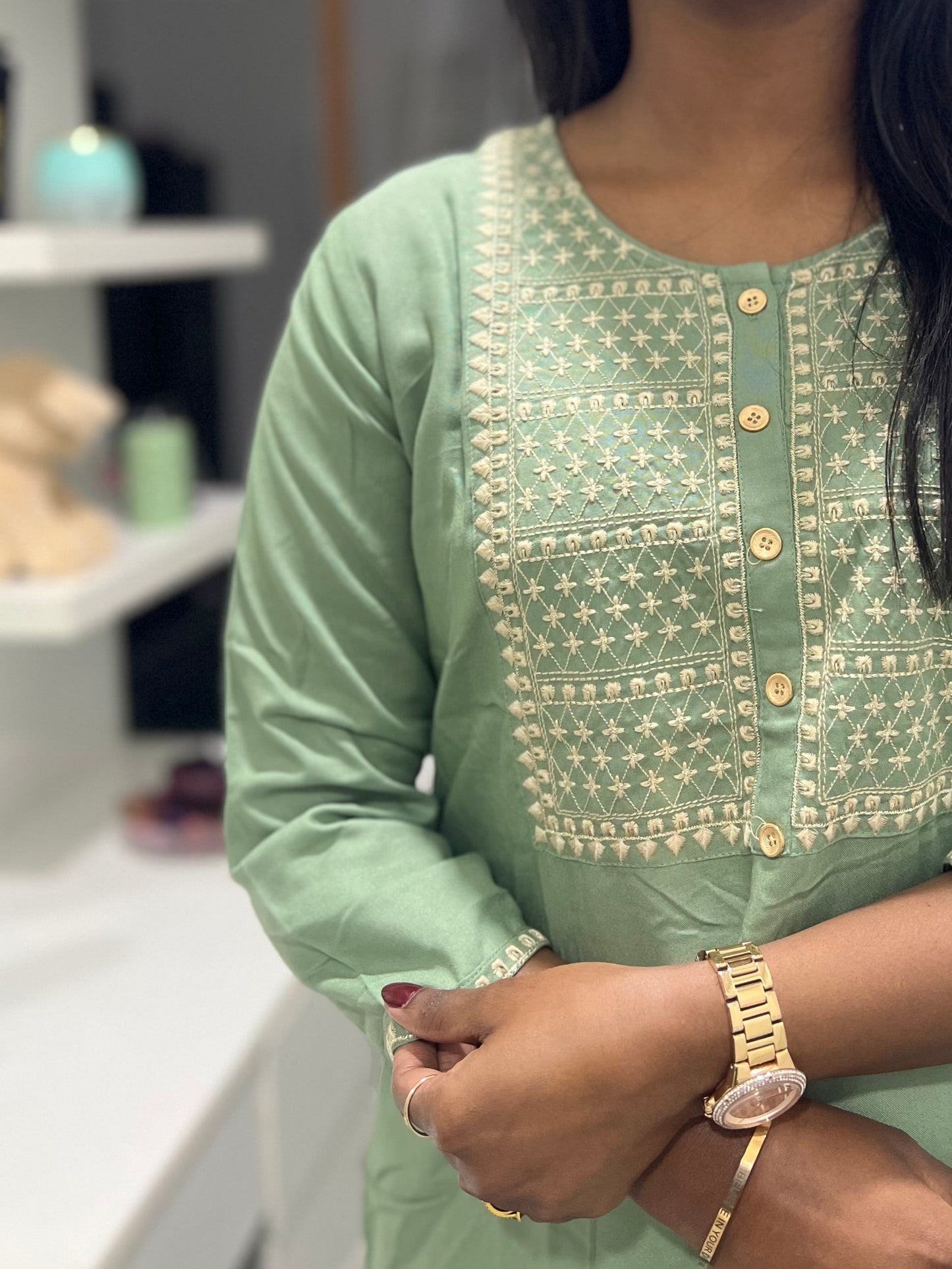 Green Embroidery Work Kurti Top