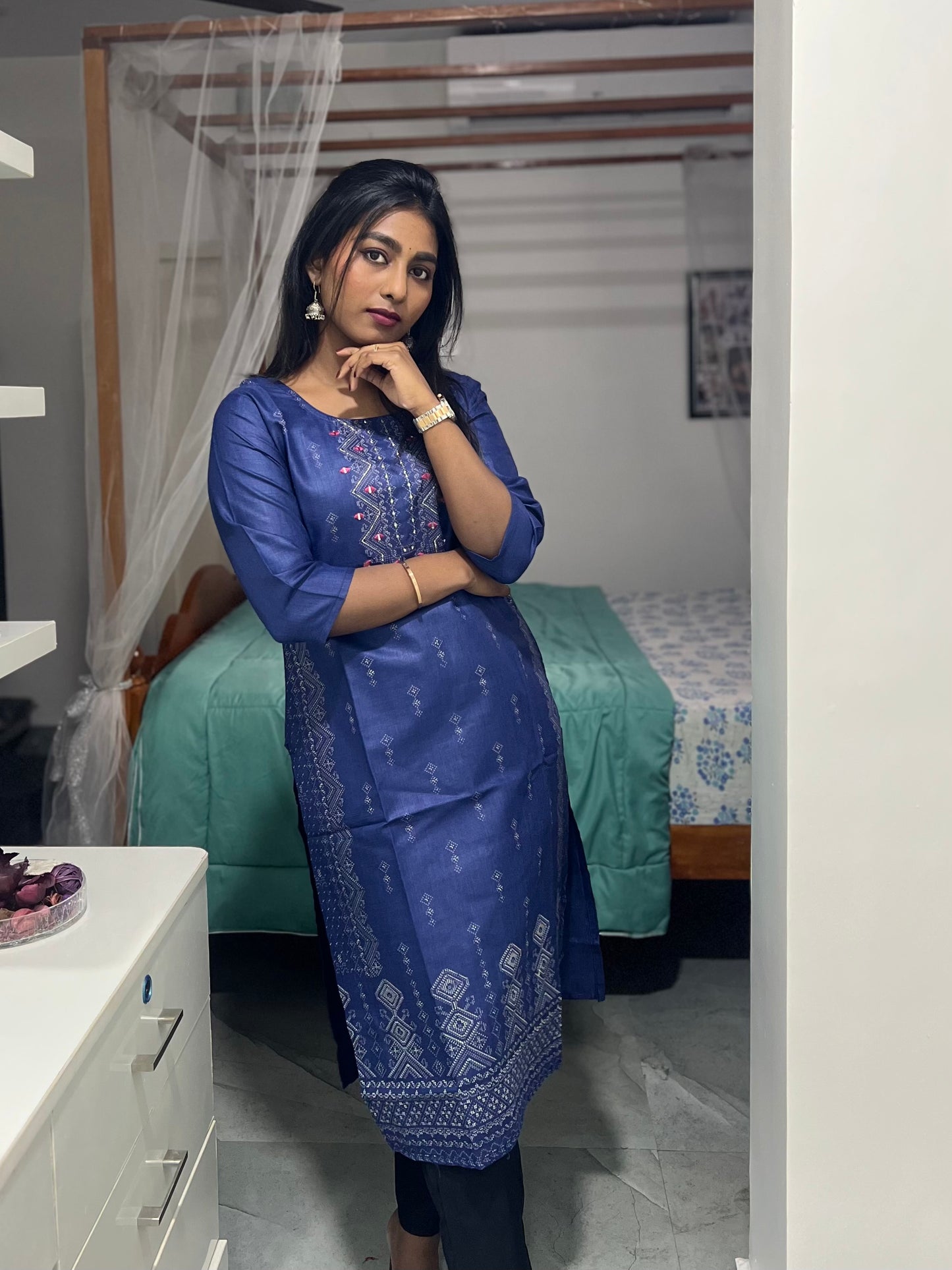 Dark Blue Embroidery Mirror Work Kurti