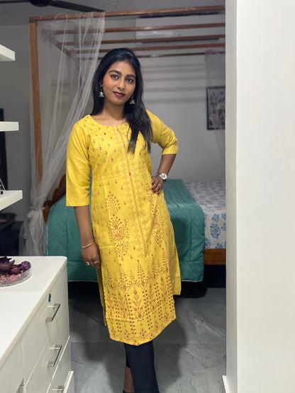 Yellow Embroidery Mirror Work Kurti