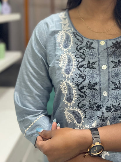 Grey Embroidery Printed Kurti