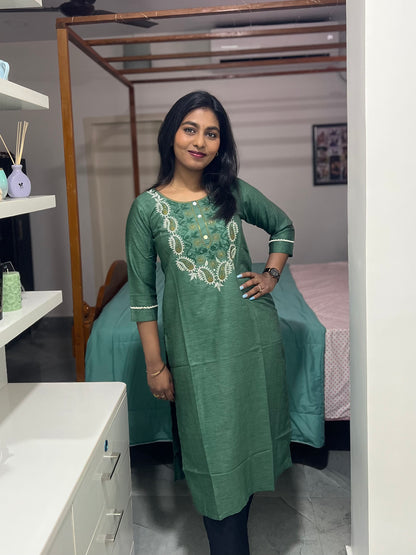 Green Embroidery Printed Kurti