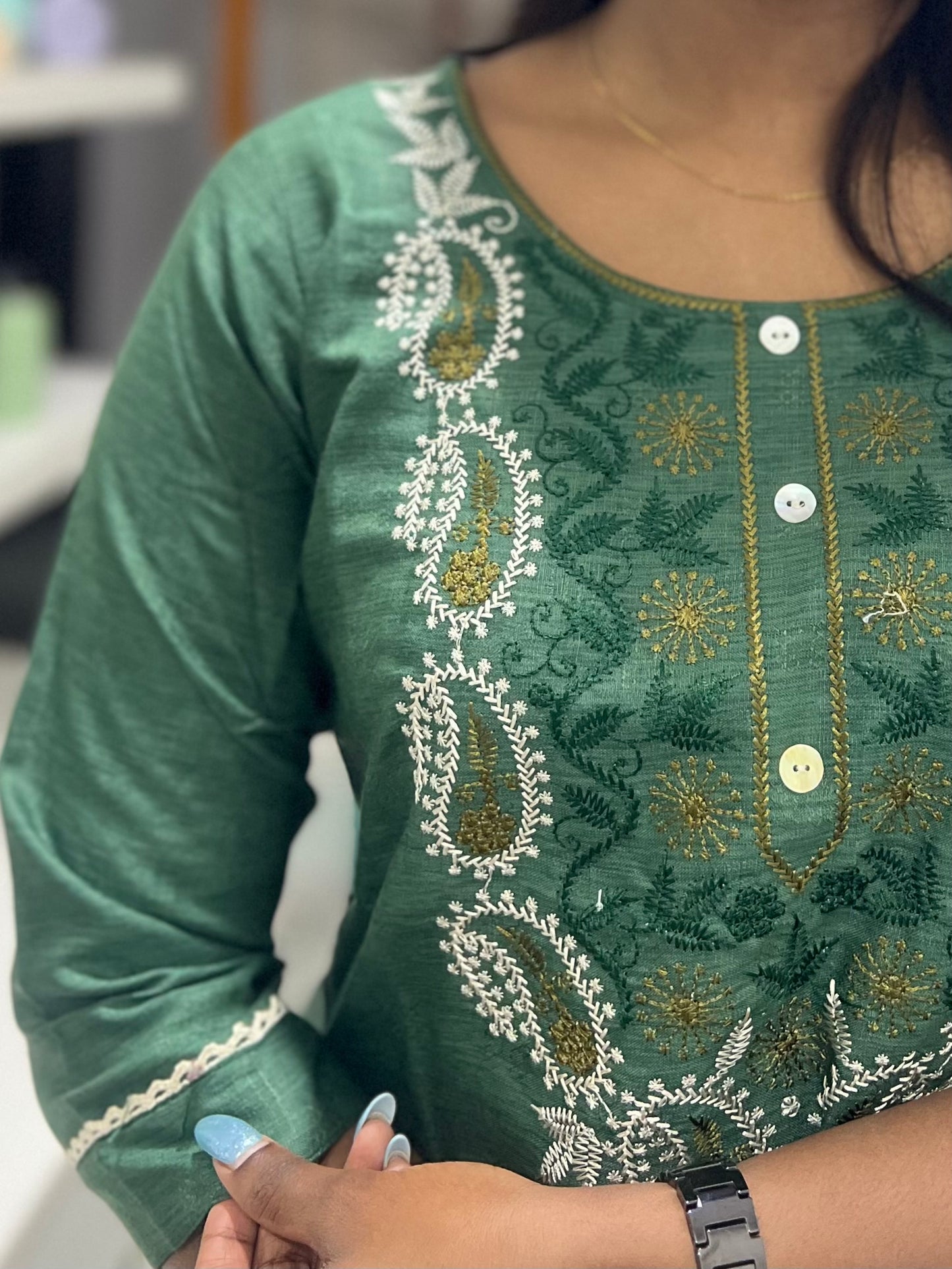 Green Embroidery Printed Kurti