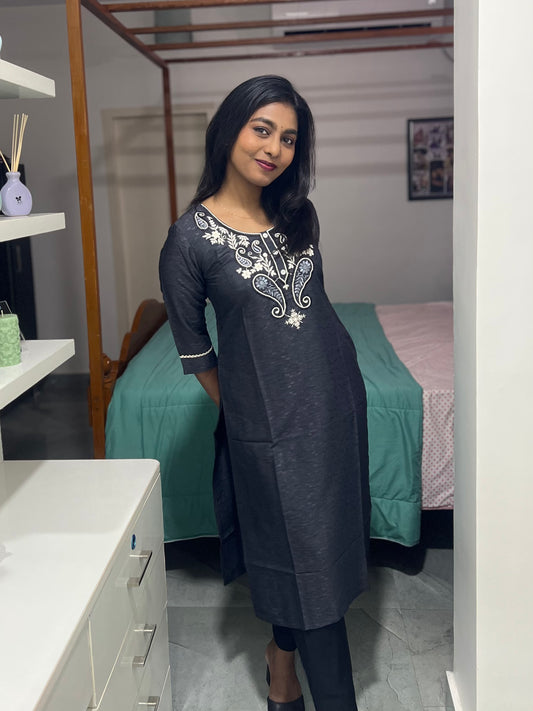 Dark Grey Embroidery Printed Kurti