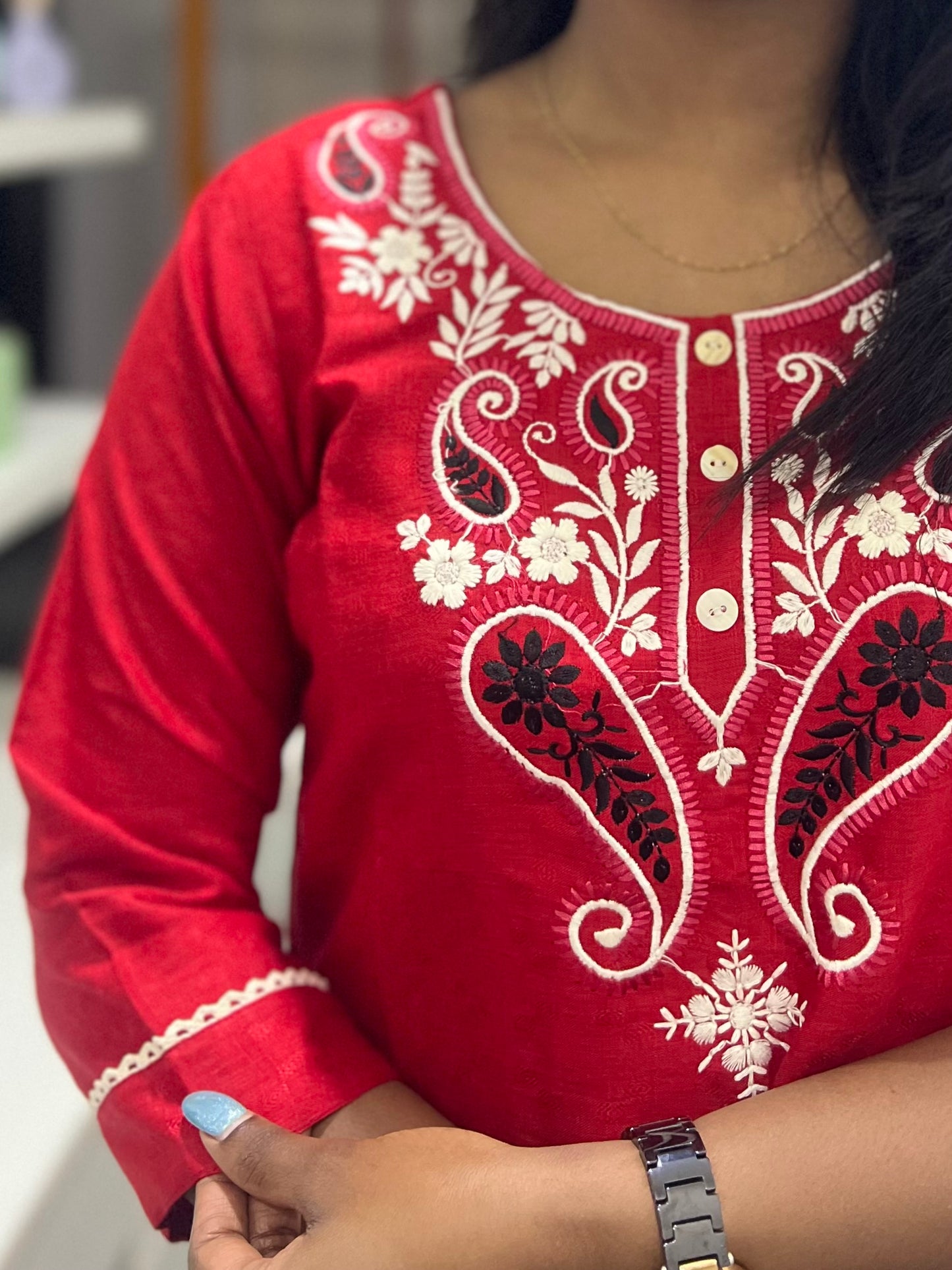 Red Embroidery Printed Kurti