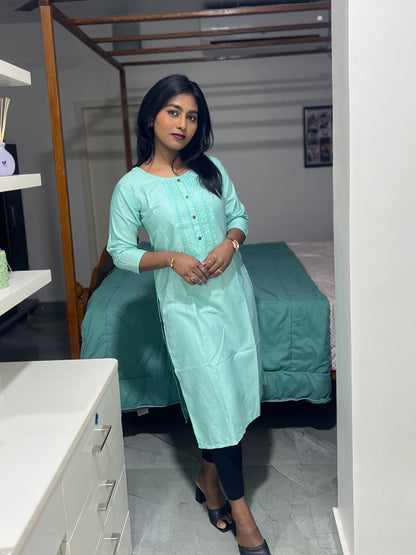 Teal Embroidery Work Printed Kurti