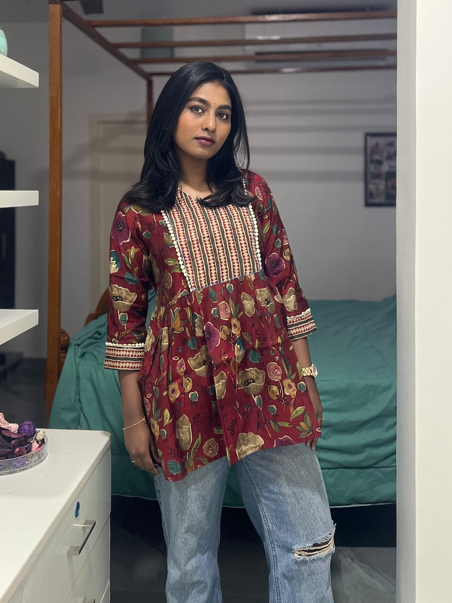 Maroon Floral Printed Short Top